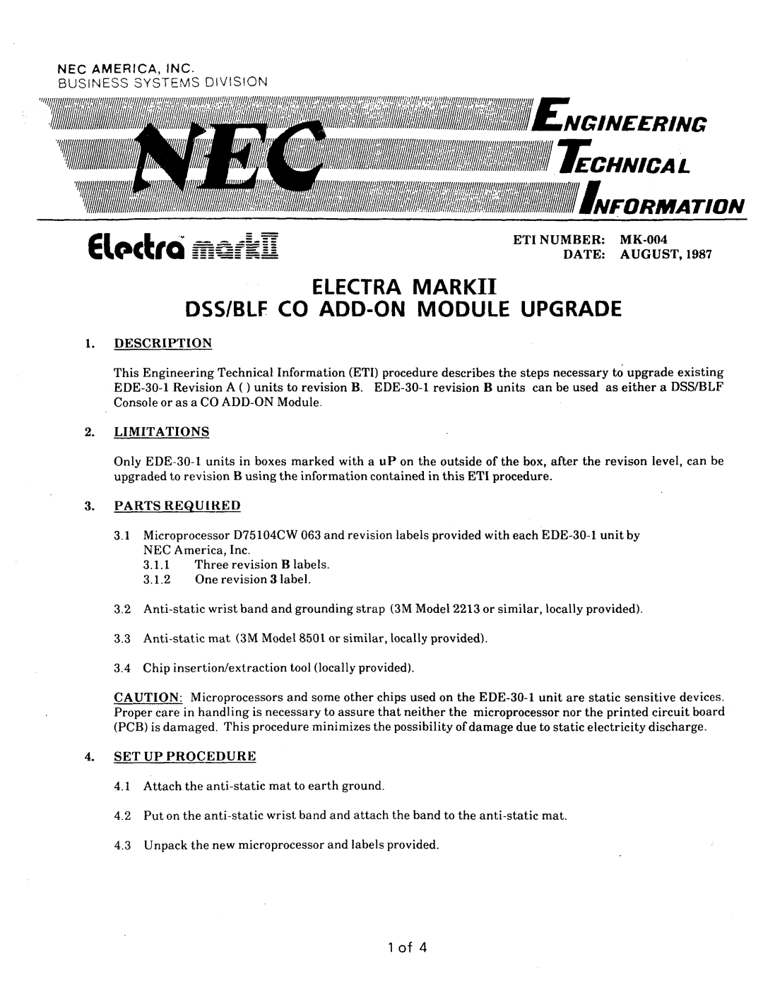 NEC nd-20292 manual Electra MARK11 Dswblf CO ADD-ON Module Upgrade 