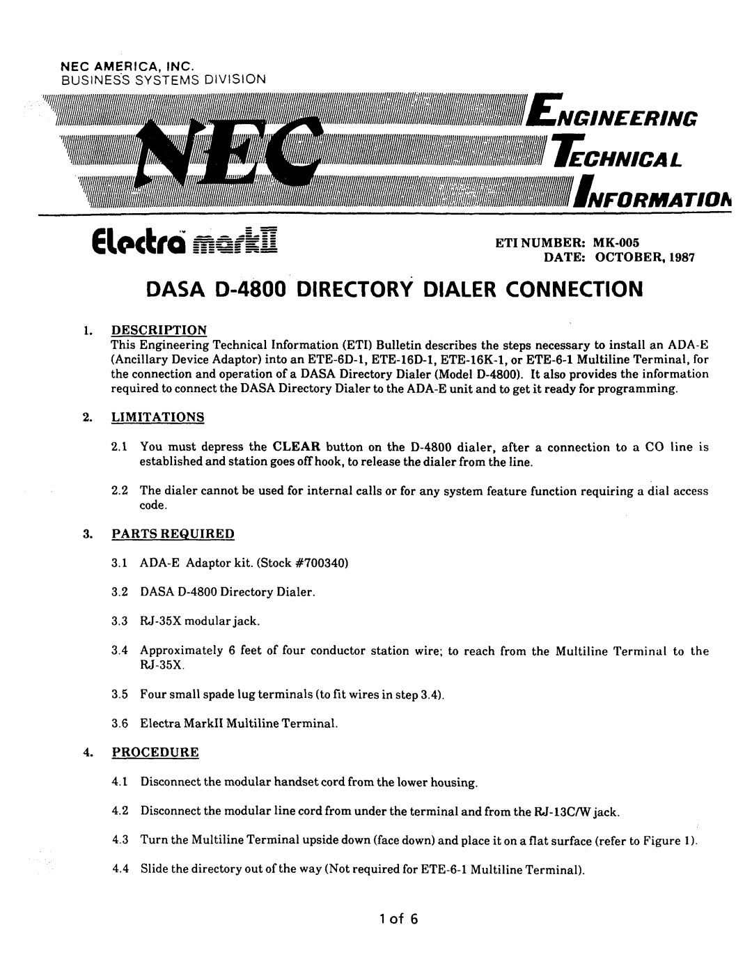 NEC nd-20292 manual Dasa D-4800 Directory Dialer Connection 