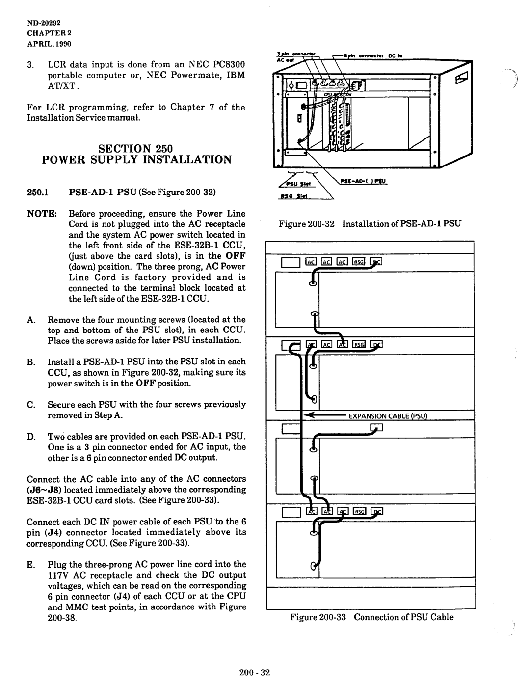 NEC nd-20292 manual Section Power Supply Installation 