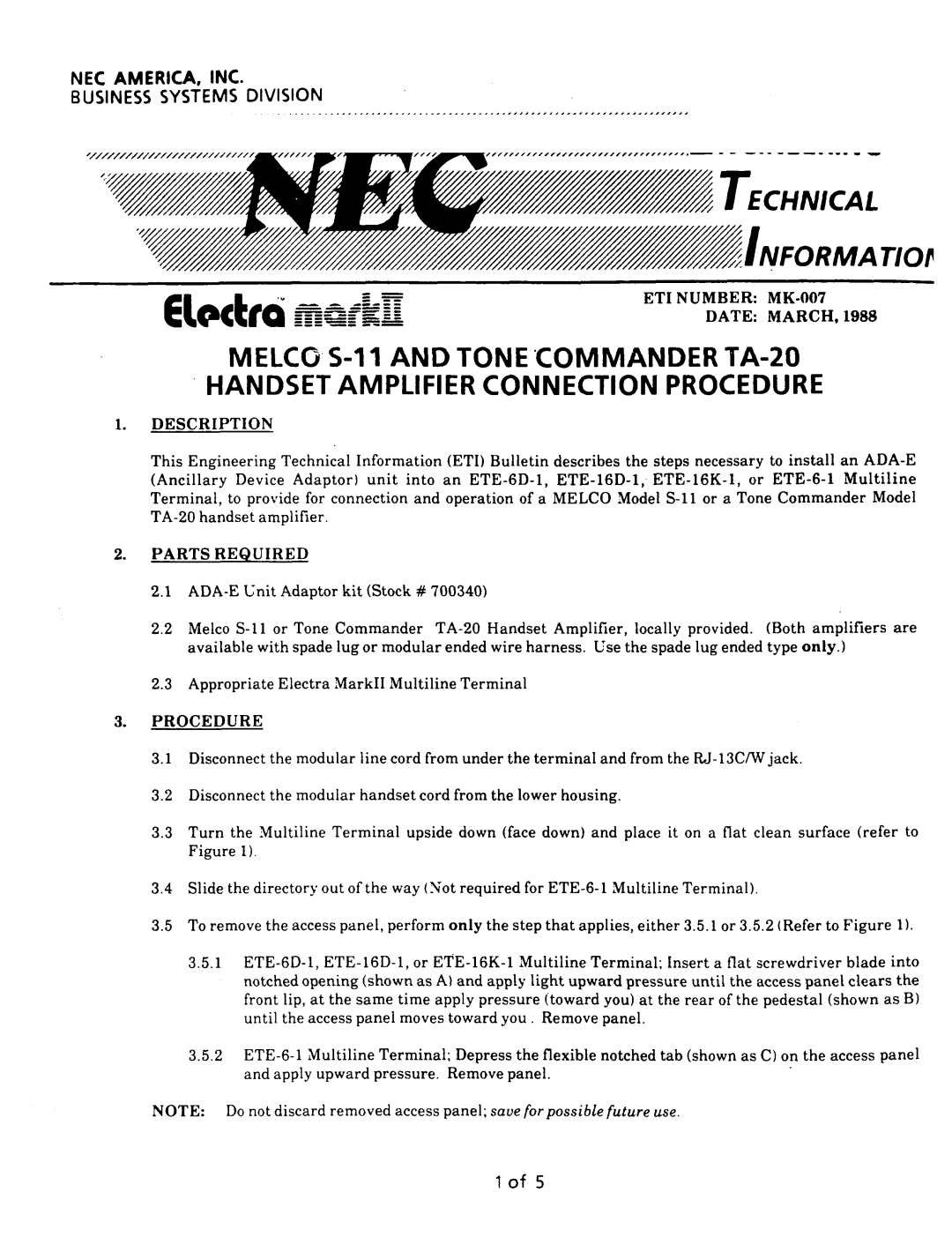 NEC nd-20292 manual Handset Amplifier Connection Procedure 