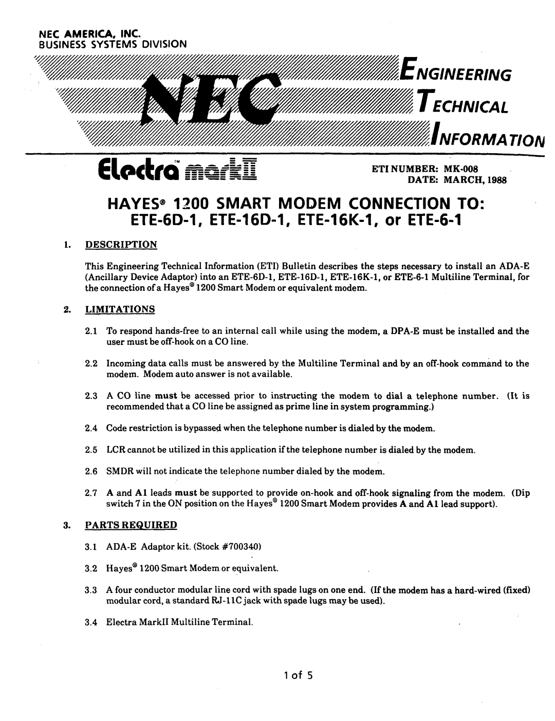 NEC nd-20292 manual HAYES@ 1200 Smart Modem Connection to 