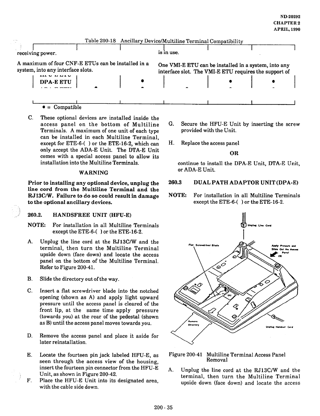 NEC nd-20292 = Compatible, Ancillary Devices HFU-E ETU DPA-E ETU ADA-E ETU DTA-E ETU, I260.2. Handsfree Unit HFU-E 