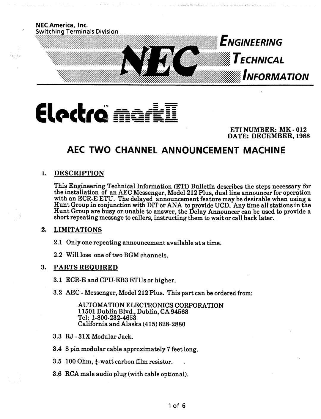 NEC nd-20292 manual AEC TWO Channel Announcement Machine 