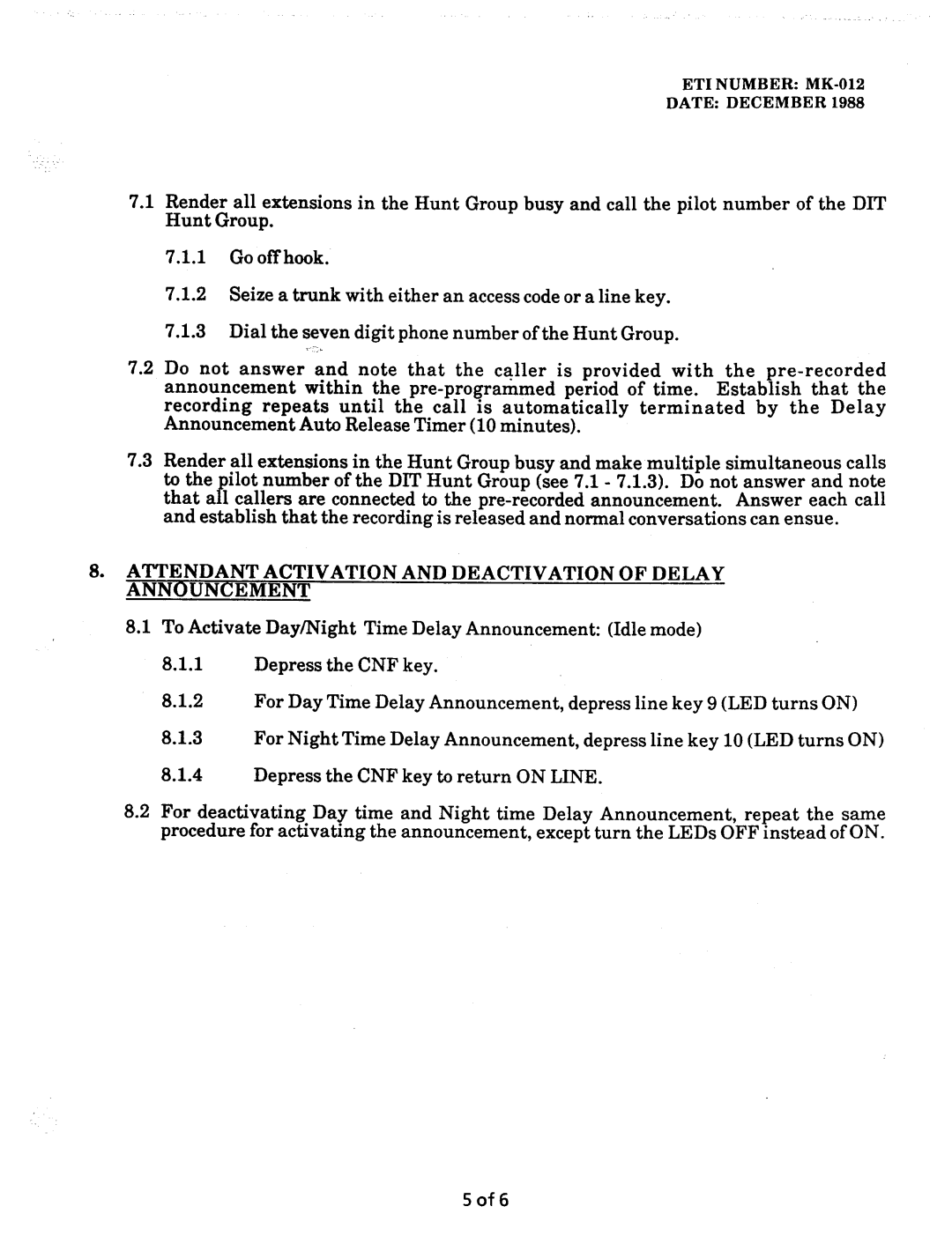 NEC nd-20292 manual Attendant Activation and Deactivation of Delay Announcement 