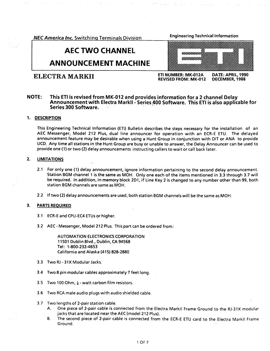 NEC nd-20292 manual AEC TWO Channel Announcement Machin E 