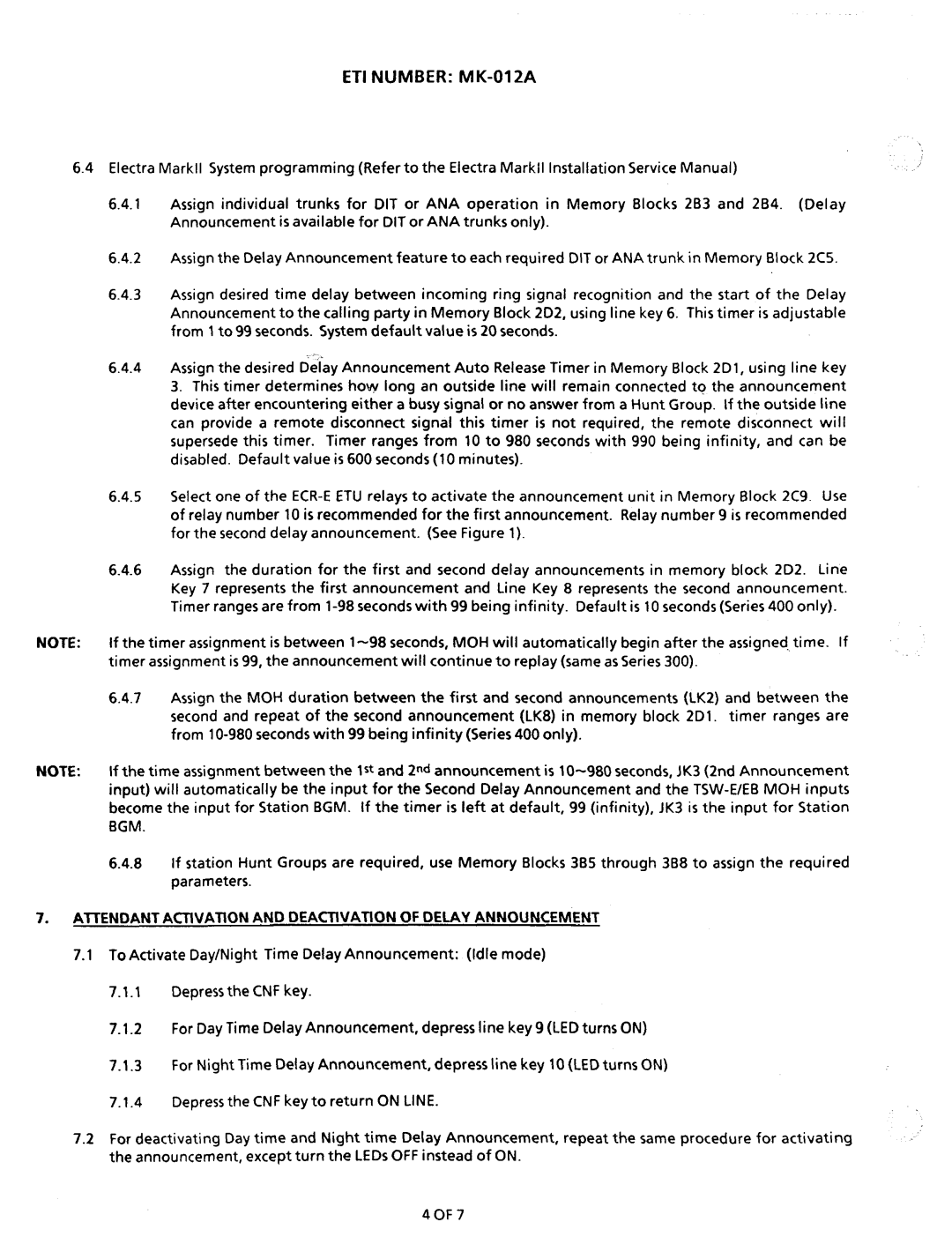 NEC nd-20292 manual ETI Number MK-01 2A, Attendant Activation and Deactivation of Delay Announcement 