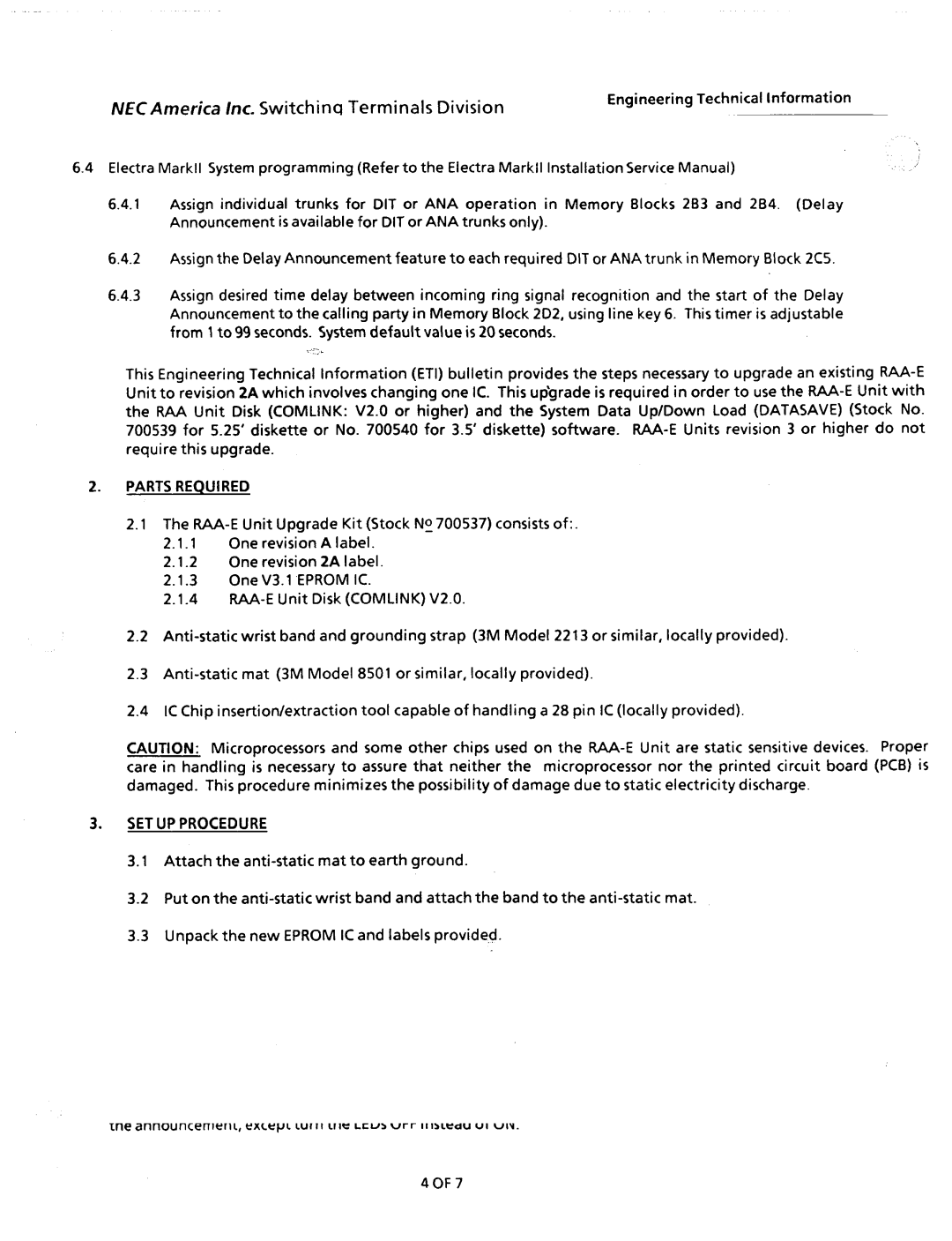 NEC nd-20292 manual NECAmerica Inc. Switchins Terminals Division, ETI Number MK-016 Date April Description, Parts Required 