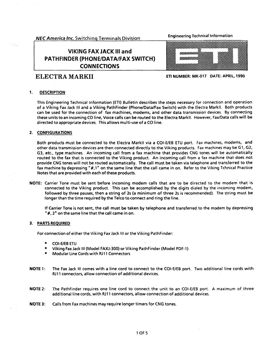 NEC nd-20292 manual Pathfinder PHONE/DATA/FAX Switch, Description ETI Number MK-017 Date April 