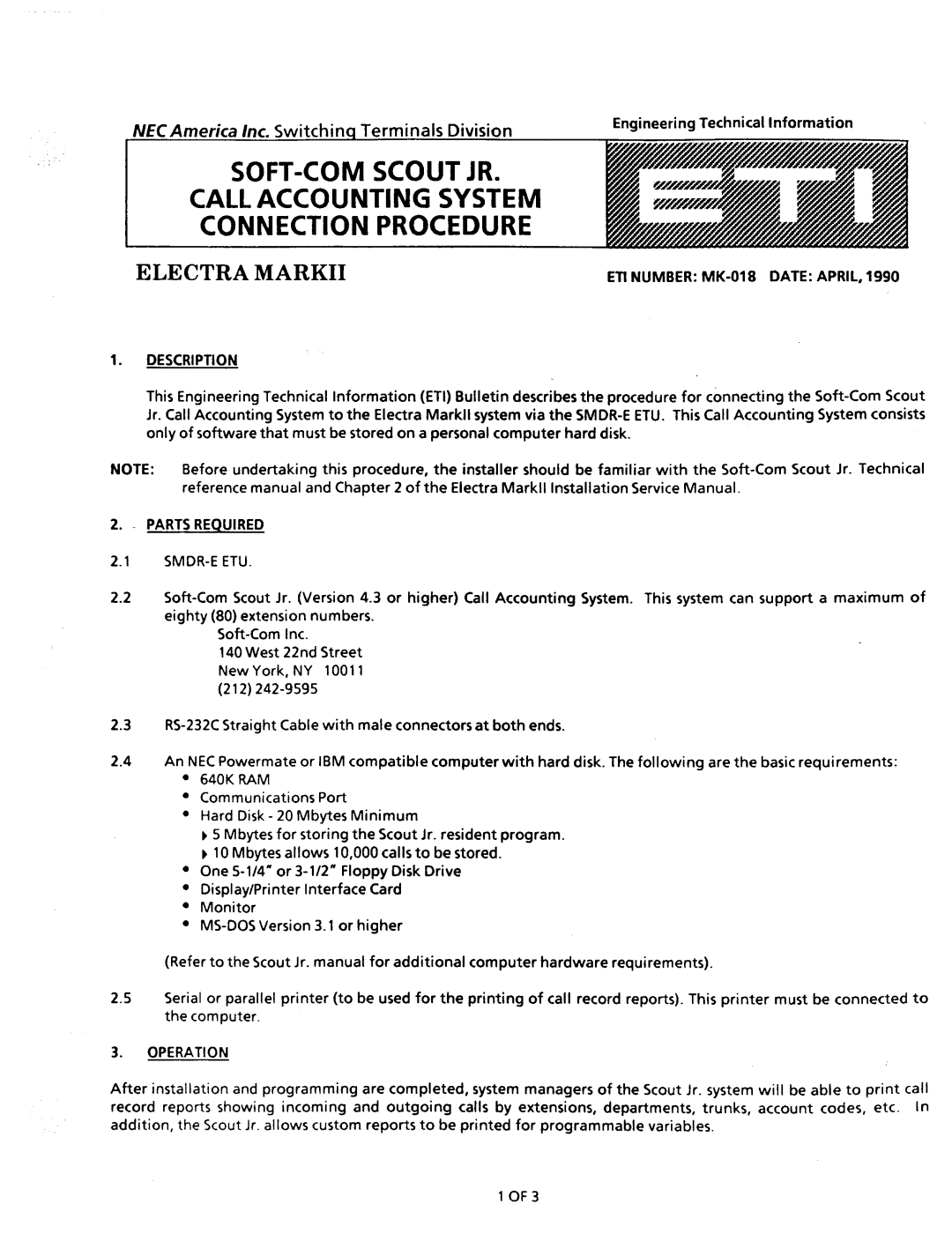 NEC nd-20292 manual NECAmerica Inc. Switchin Terminals Division, ETI Number MK-018 Date April Description 