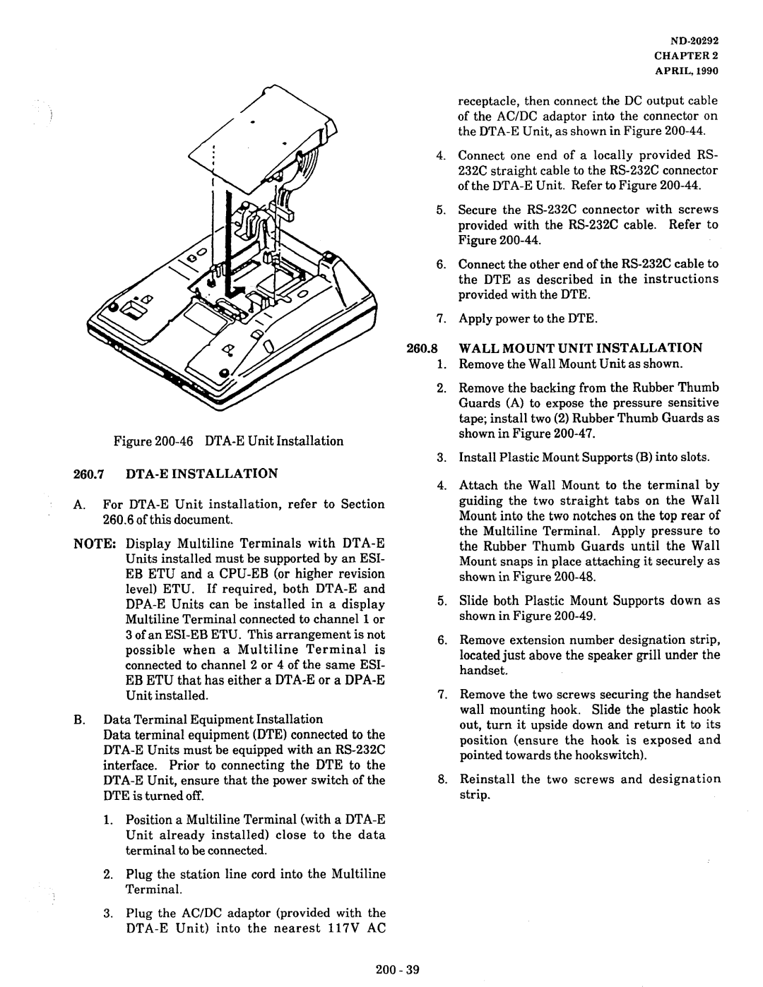 NEC nd-20292 manual Reinstall the two screws and designation strip 200, DTA-E Installation, Wall Mount Unit Installation 