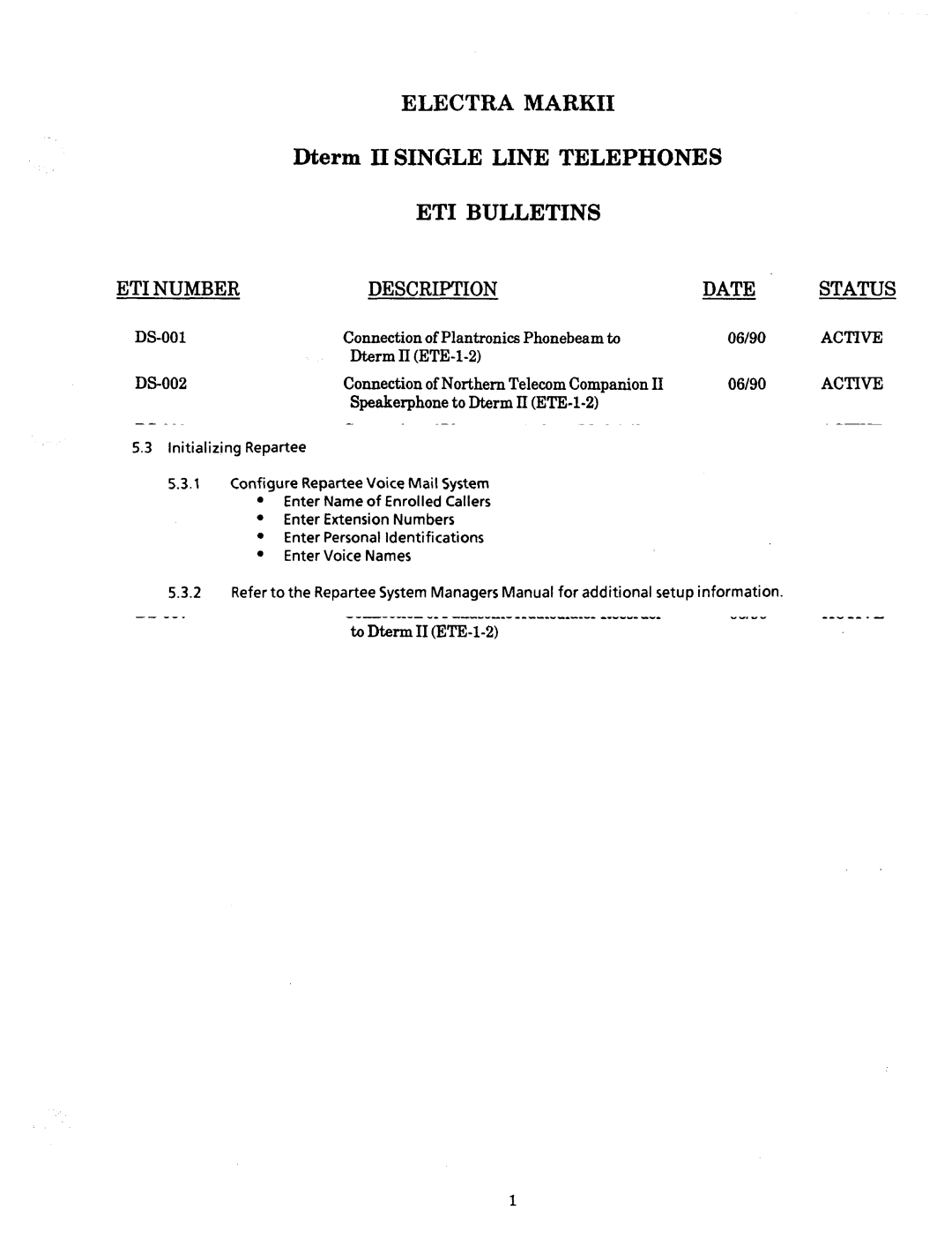 NEC nd-20292 manual Dterm II Single Line Telephones, ET1 Bulletins, ET1 Number Description Date 