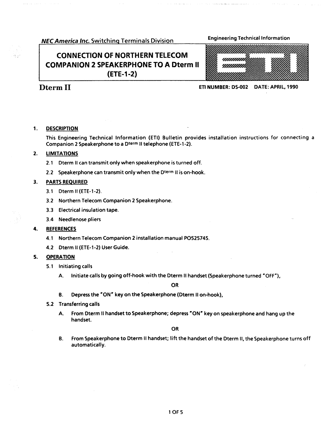 NEC nd-20292 manual Dterm, Connection of Northern Telecom 