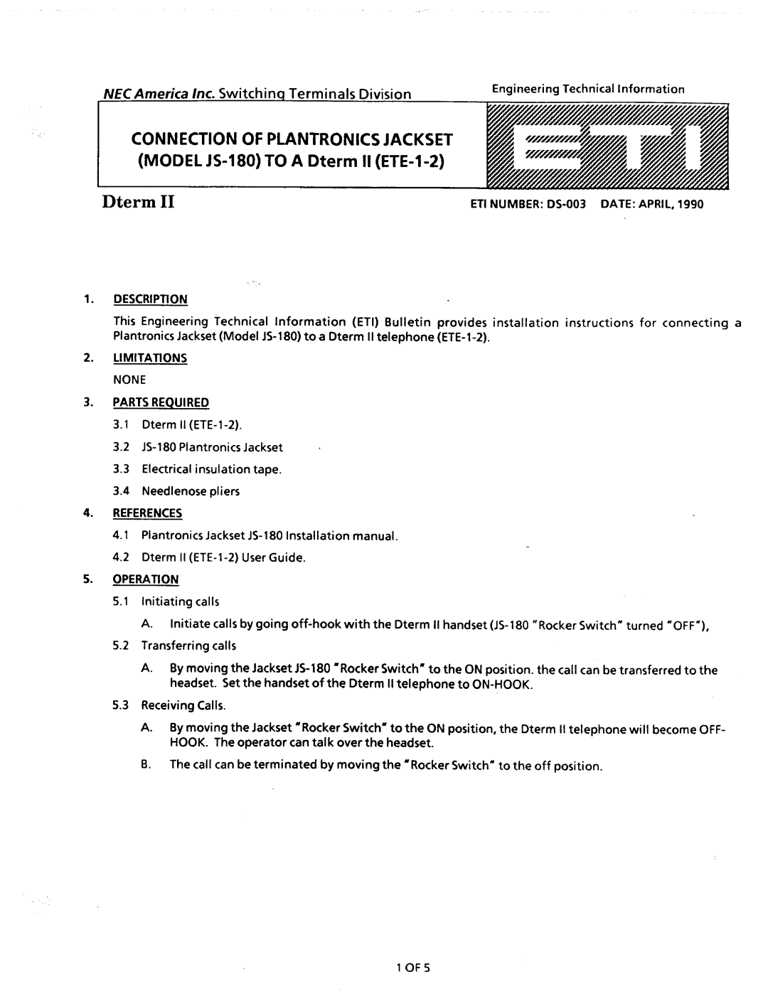 NEC nd-20292 manual ETI Number DS-003 Date April, None Parts Required 