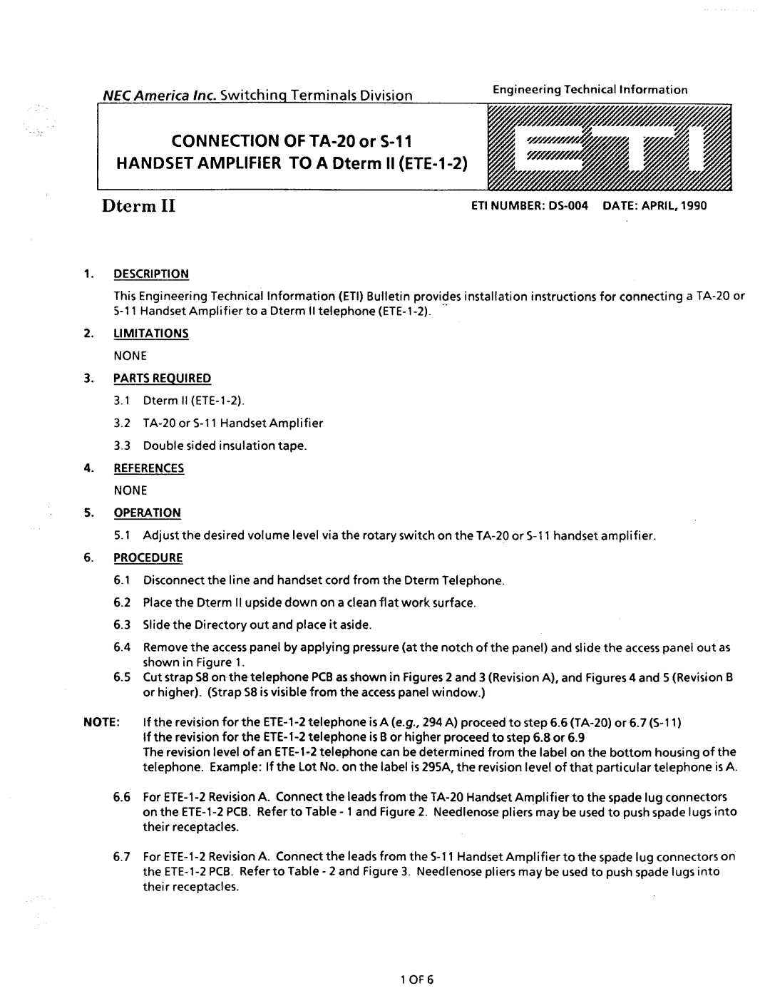 NEC nd-20292 manual NECAmerica Inc. Switchinq Terminals Division, ETI Number DS-004 Date April Description 