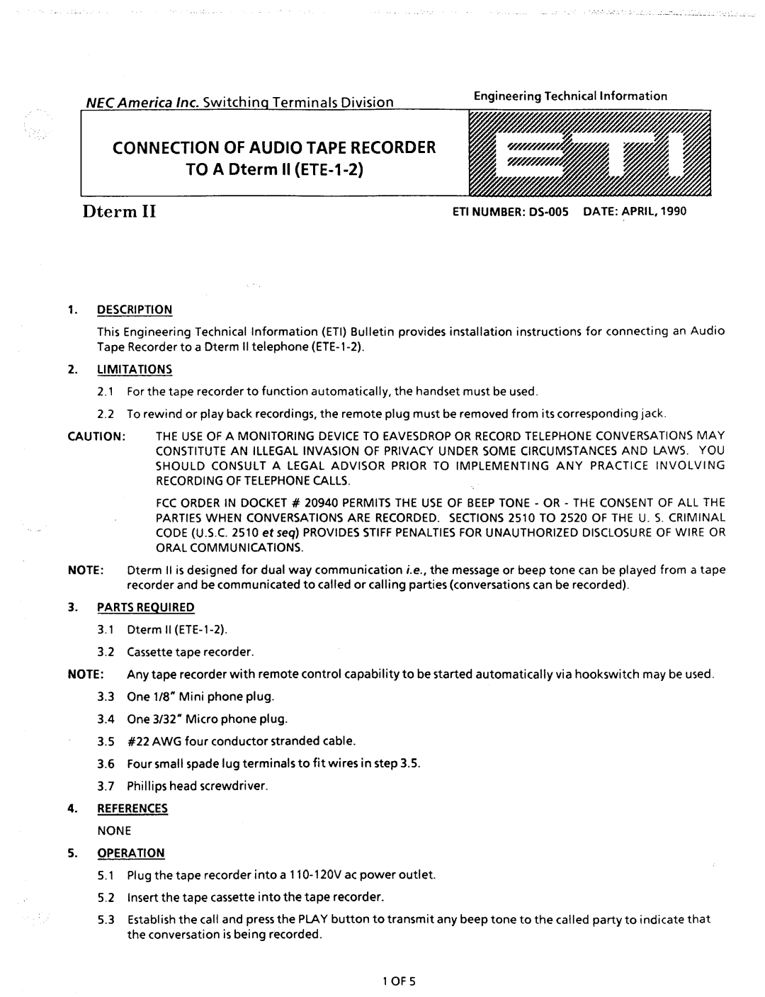 NEC nd-20292 manual Connection of Audio Tape Recorder, ETI Number DS-005 Date April Description 