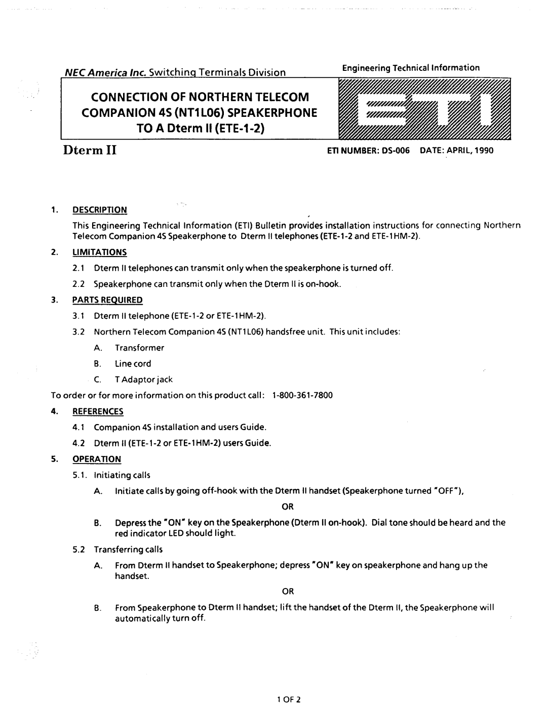 NEC nd-20292 manual NECAmerica Inc. Switchinq Terminals Division, ETI Number OS-006 Date April Description 