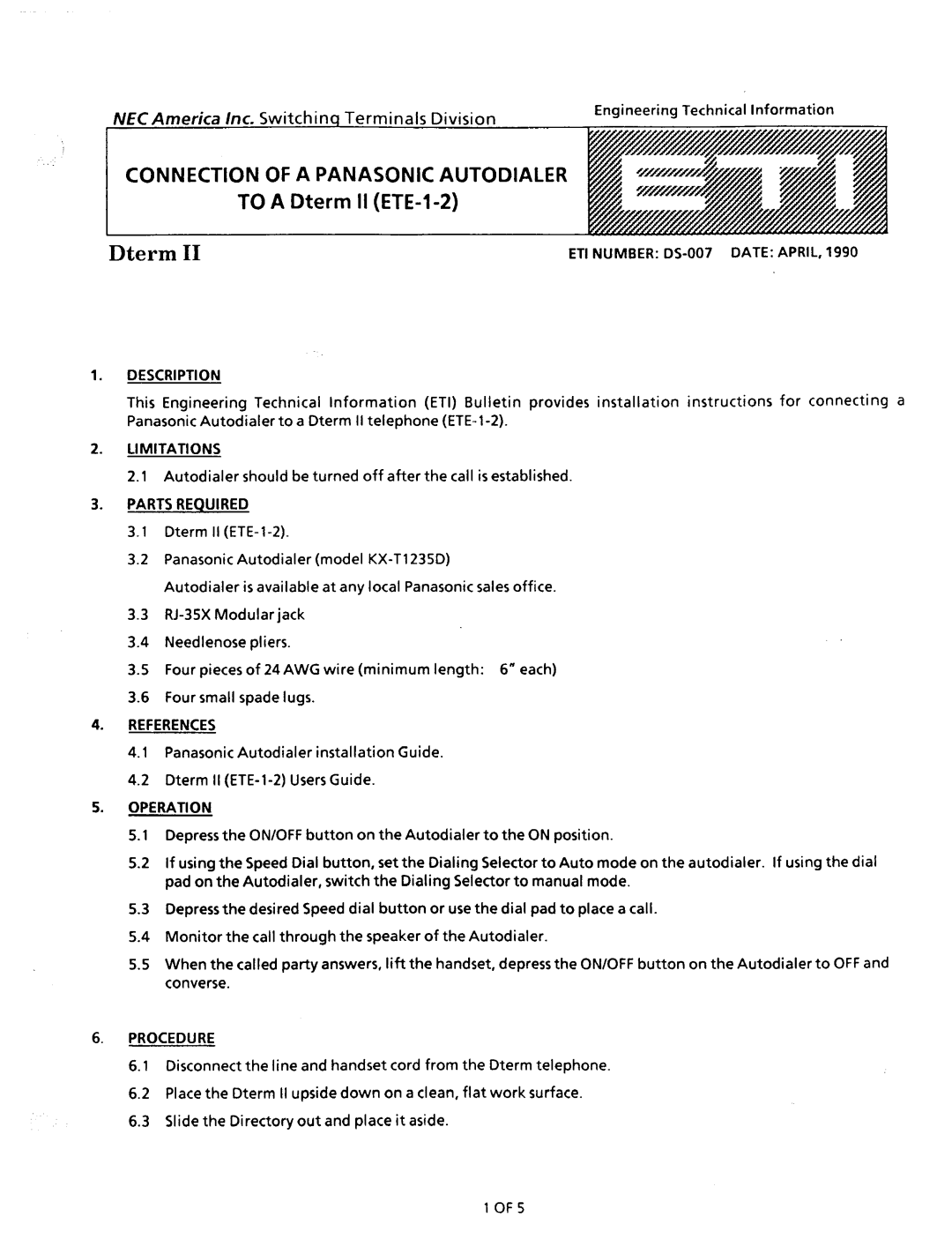 NEC nd-20292 manual Connection of a Panasonic Autodialer, ETI Number DS-007 Date April Description 