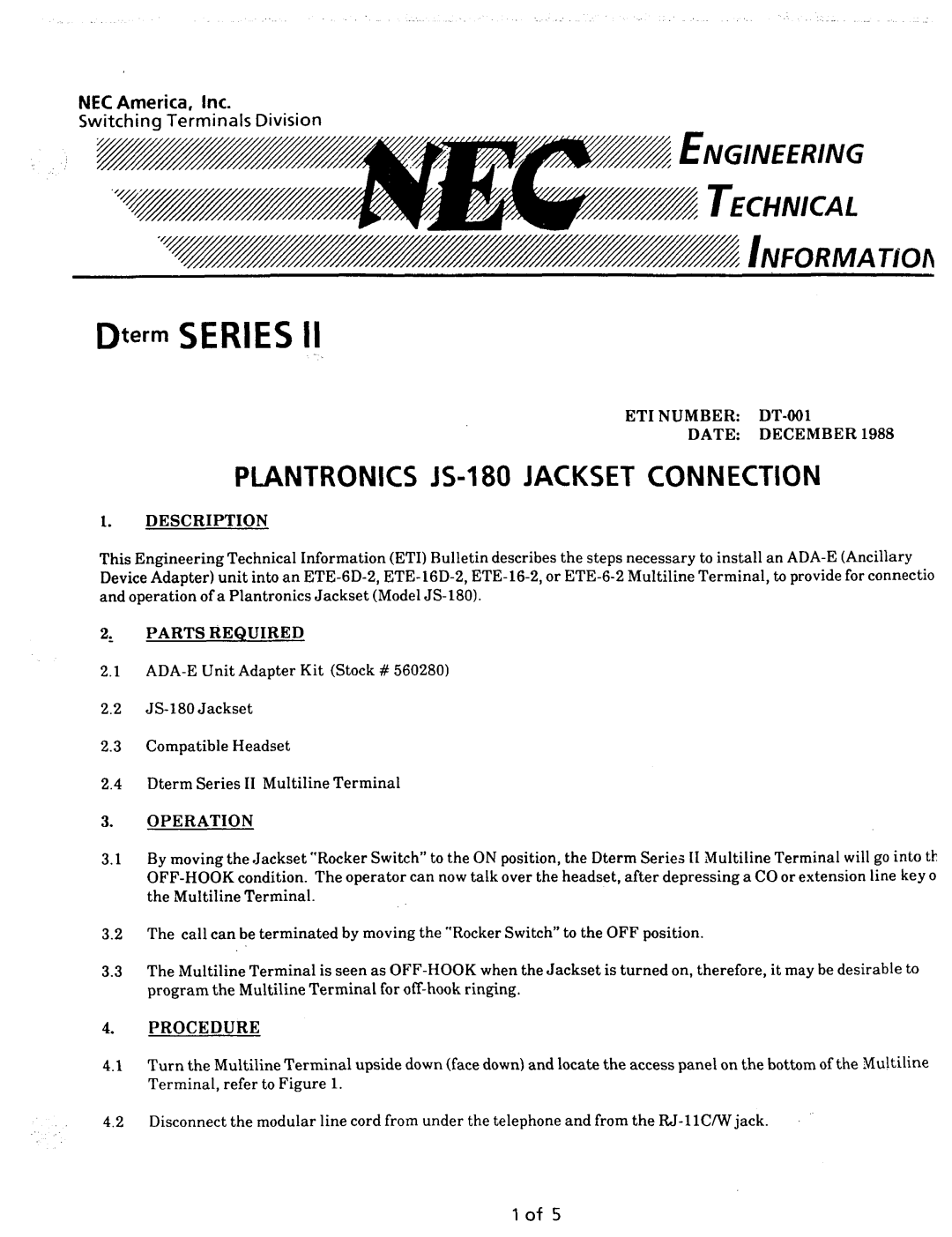 NEC nd-20292 manual Plantronics is-1 80 Jacket Connection, NEC America, Inc, Switchina Terminals Division 