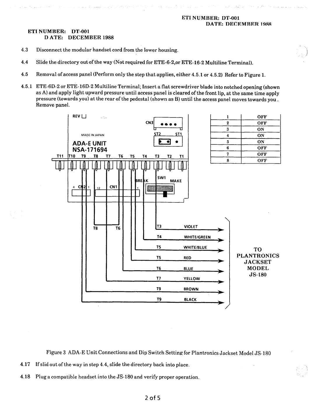 NEC nd-20292 manual ADA-E Unit, NSA-171694, DIP Switch SW2 Setting for JS-180, To Plantronics Jackset Model 