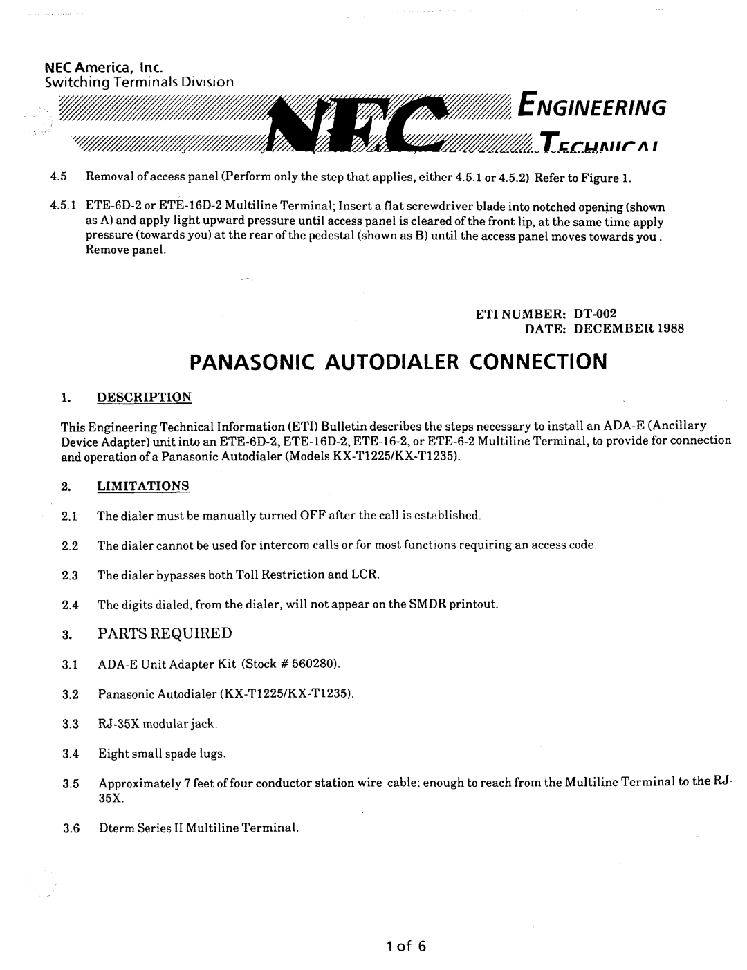 NEC nd-20292 manual Parts Required, NEC America, Inc Switching Terminals Division, ET1 Number DT-002 Date December 