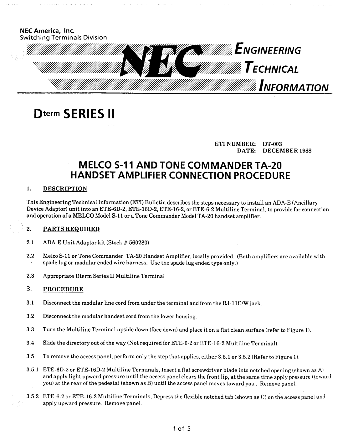 NEC nd-20292 manual Dterm Series, ET1 Number DT-03 Date December 