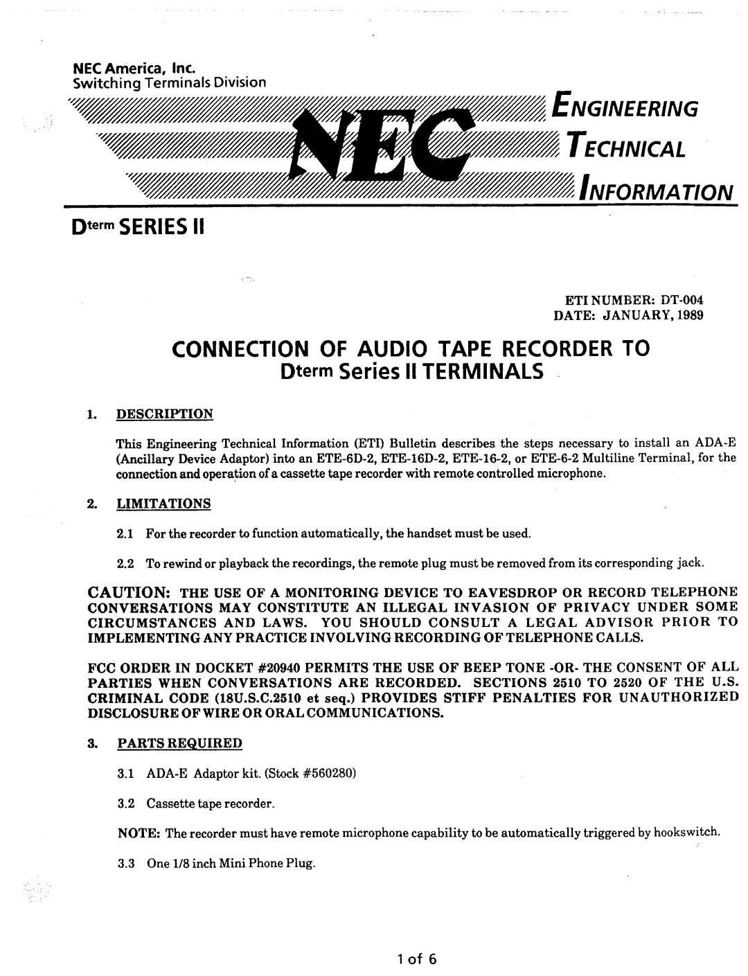 NEC nd-20292 manual DtermSERIES, Dterm Series II Terminals, NEC America, Inc Switching Terminals Division, Telephone 