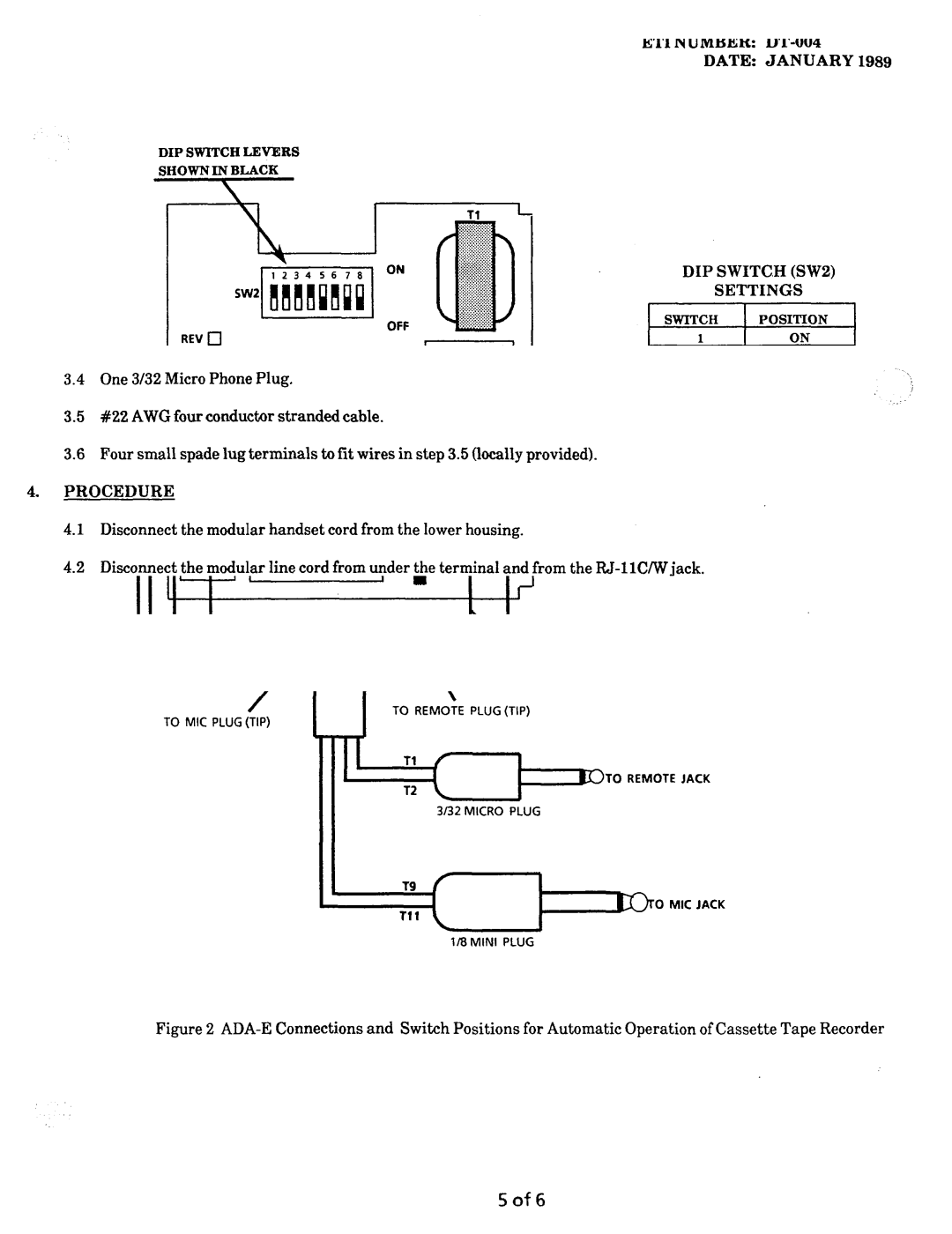 NEC nd-20292 manual 5of6, ET1 Number DT-004 Date January, TO-W Ir3To Remo, DIP SW1TC.H SW2 Settings 