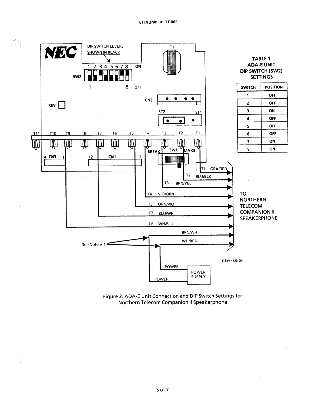 NEC nd-20292 manual ADA-E Unit DIP Switch SW2 Settings, Companion 