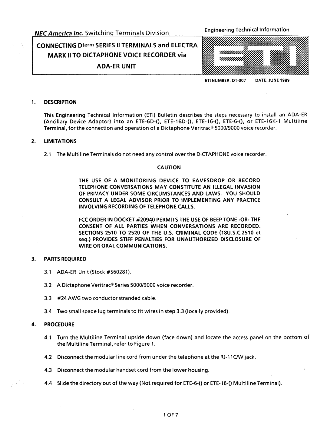 NEC nd-20292 manual ADA-ER Unit, Parts Required 