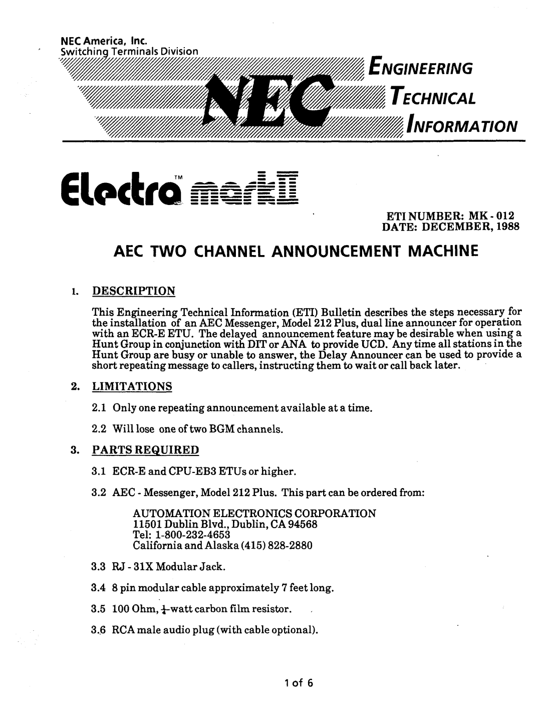 NEC nd-20292 manual Limitations, Automation Electronics Corporation, NEC America. Inc Teiminals Division, Date December 