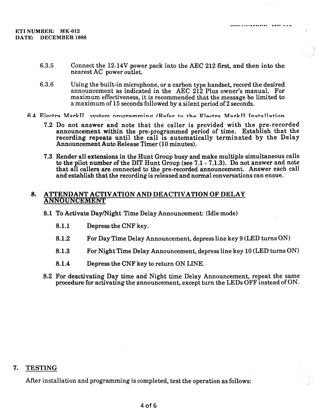 NEC nd-20292 manual Attendant Activation and Deactivation of Delay Announcement, ET1 Number MK-012 Date December 