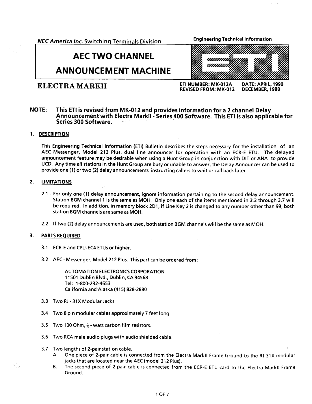 NEC nd-20292 manual ETI Number MK-012A, Revised from MK-012, Automation Electronics Corporation 