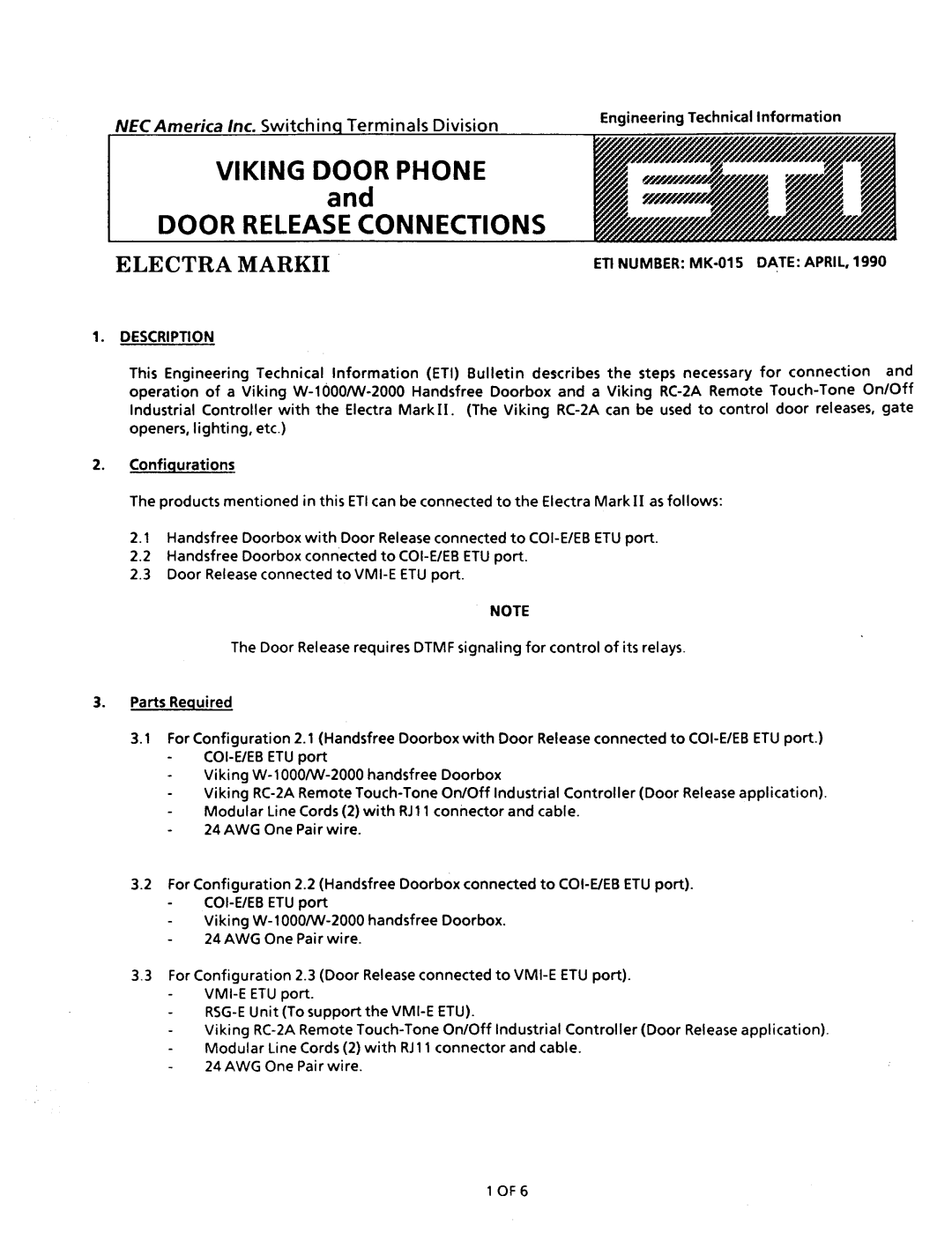 NEC nd-20292 manual Viking Door Phone Door Release Connections 