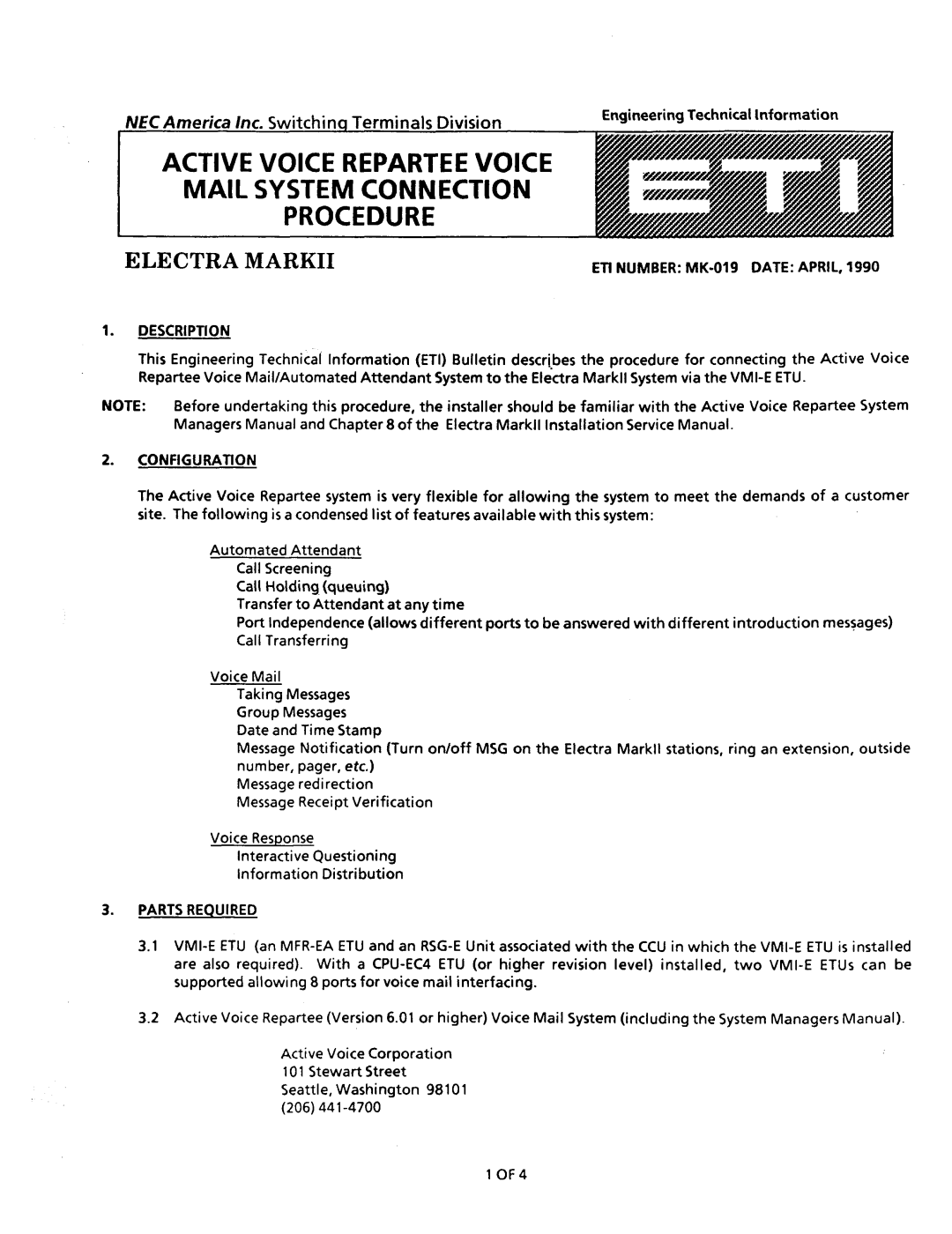 NEC nd-20292 manual Active Voice Repartee Voice Mail System Connection Procedure 