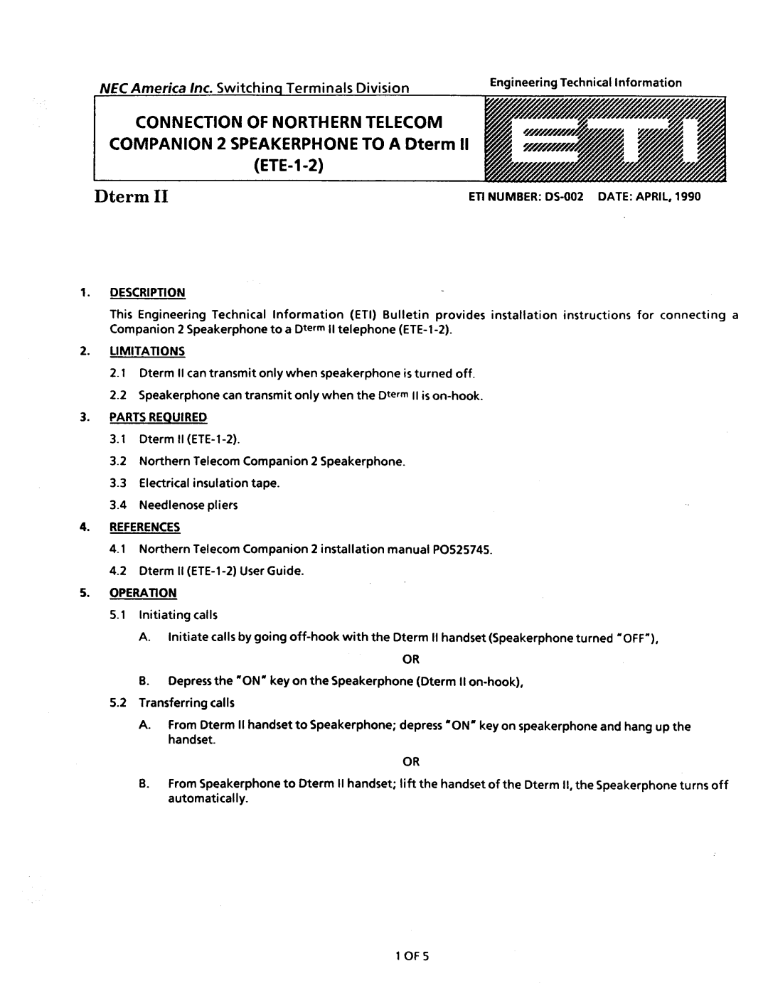 NEC nd-20292 manual Connection of Northern Telecom Companion 2 SP 