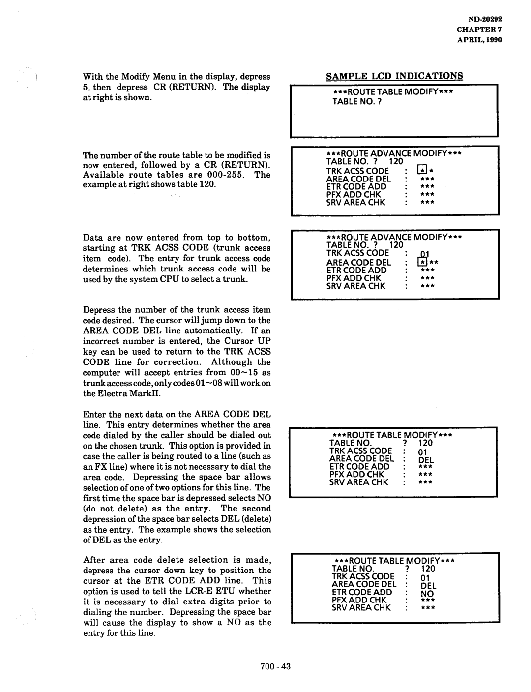 NEC nd-20292 manual Route Table MODIFY*** Table no Advance 