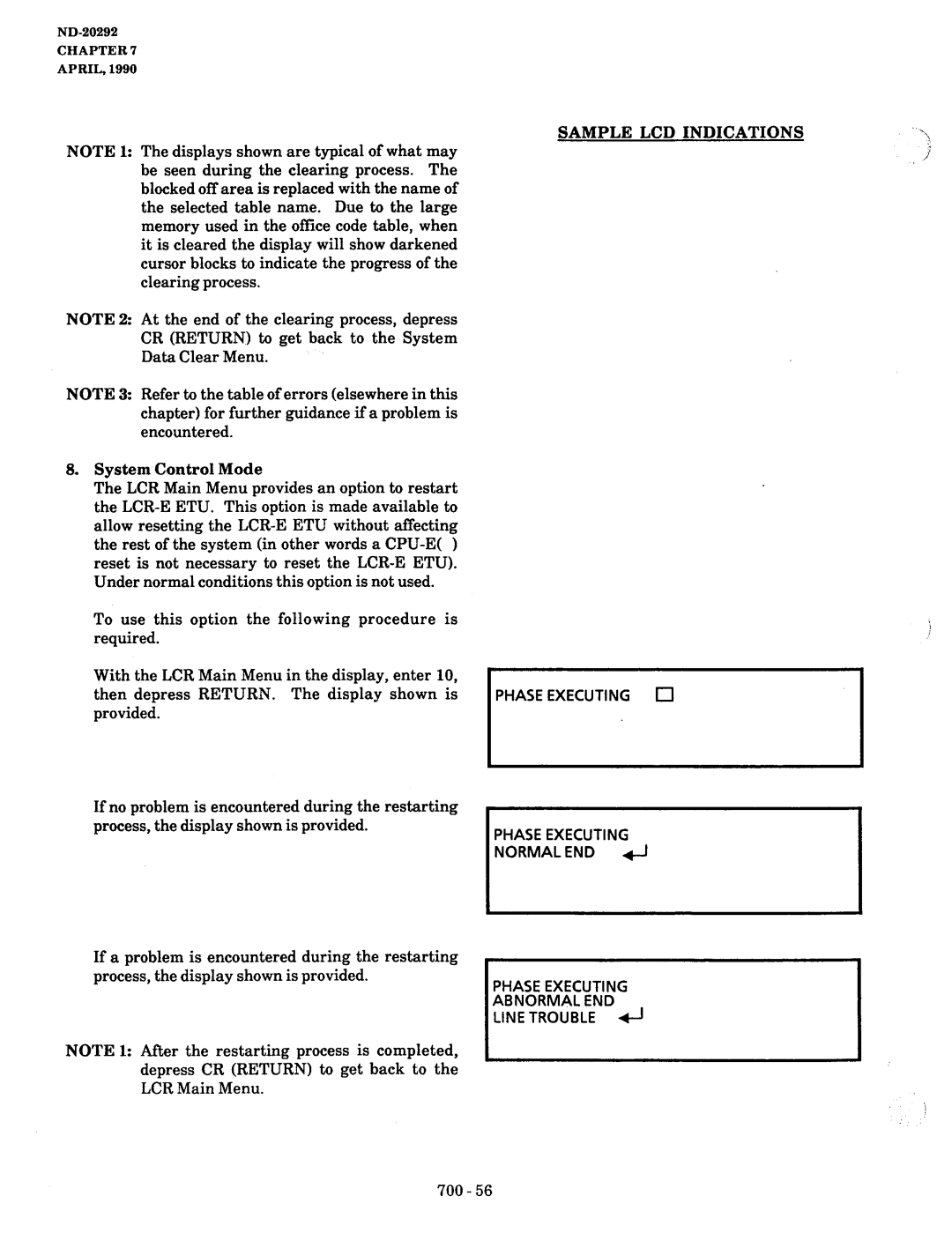 NEC nd-20292 manual Phase Executing Normal END Abnormal END Line Trouble 