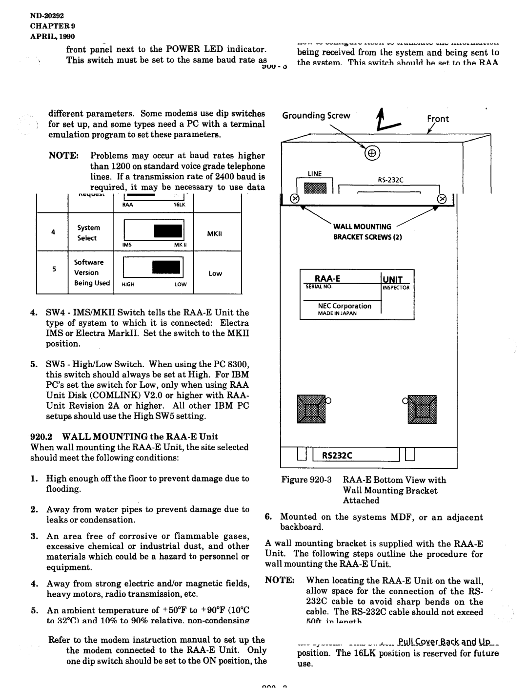 NEC nd-20292 manual R&J-E Switch Setti*g 