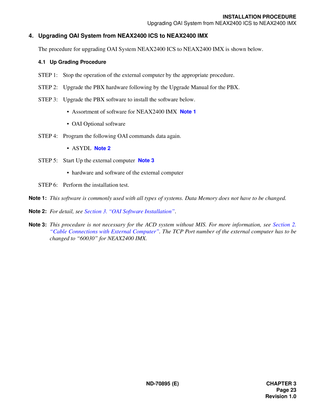 NEC ND-70895 (E) system manual Upgrading OAI System from NEAX2400 ICS to NEAX2400 IMX 