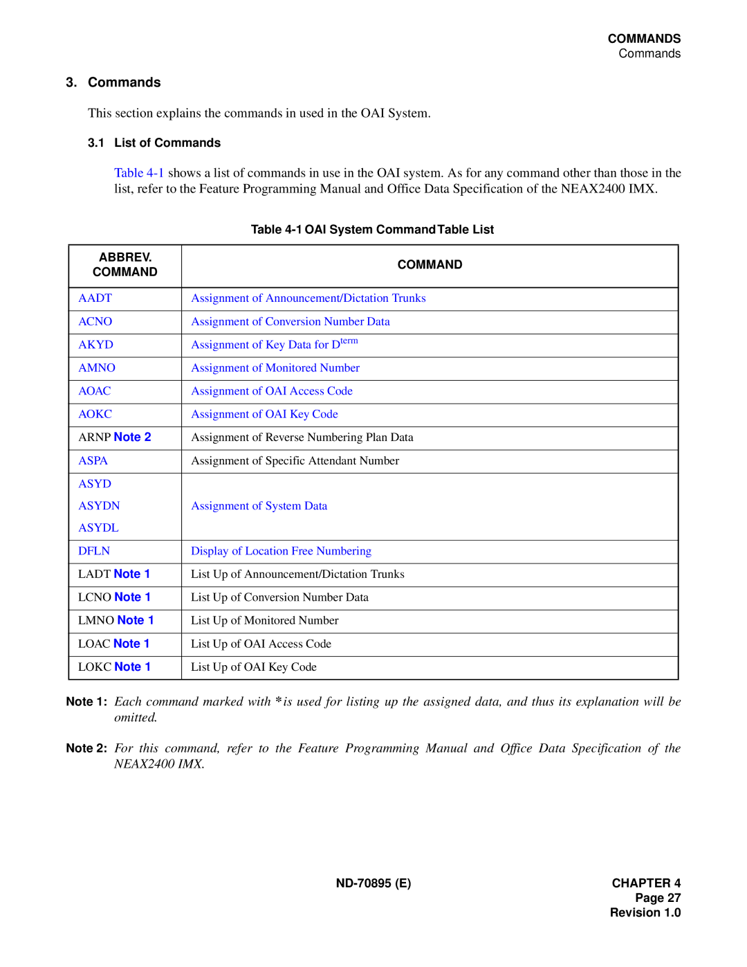 NEC ND-70895 (E) system manual Commands, This section explains the commands in used in the OAI System 