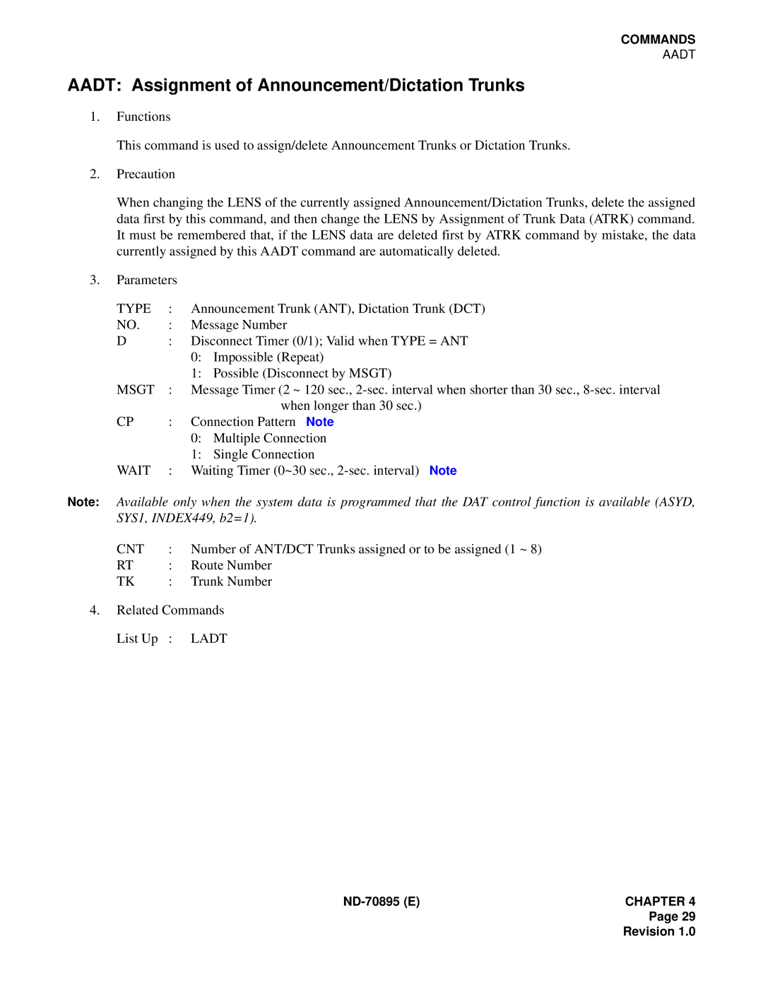 NEC ND-70895 (E) system manual Aadt Assignment of Announcement/Dictation Trunks, Type, Msgt, Wait, Cnt 