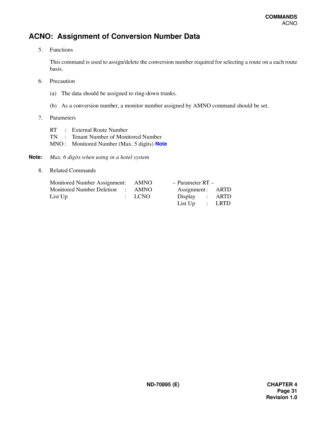 NEC ND-70895 (E) system manual Acno Assignment of Conversion Number Data, Amno, Lcno, Lrtd 