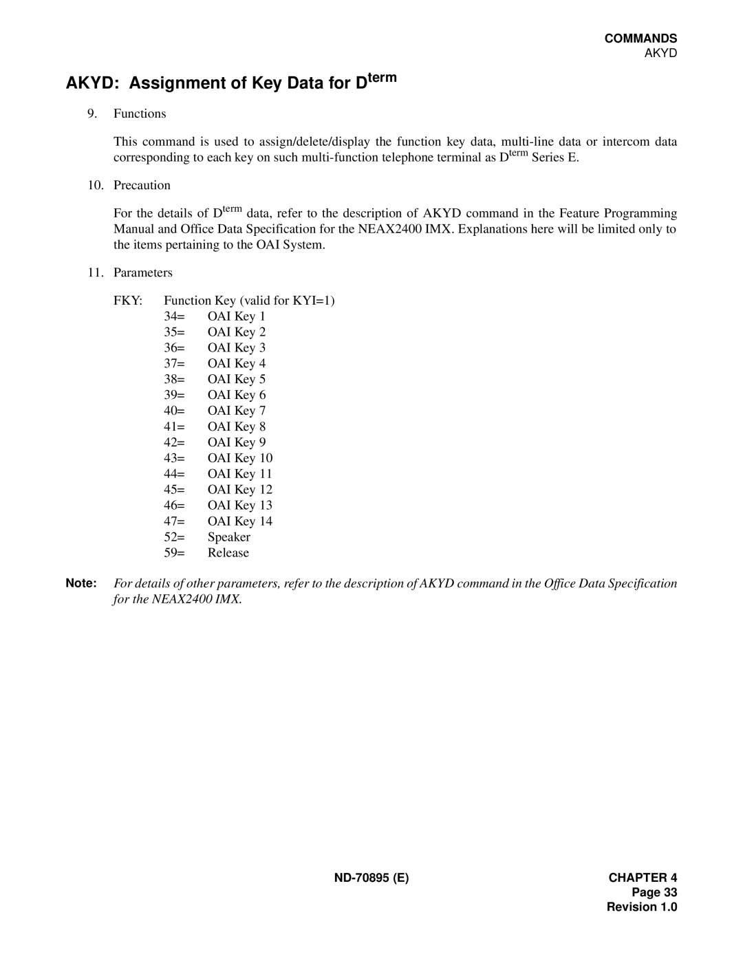 NEC ND-70895 (E) system manual Akyd Assignment of Key Data for Dterm 