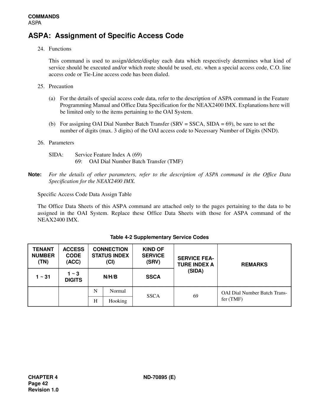 NEC ND-70895 (E) system manual Aspa Assignment of Specific Access Code, Sida, Service Feature Index a 