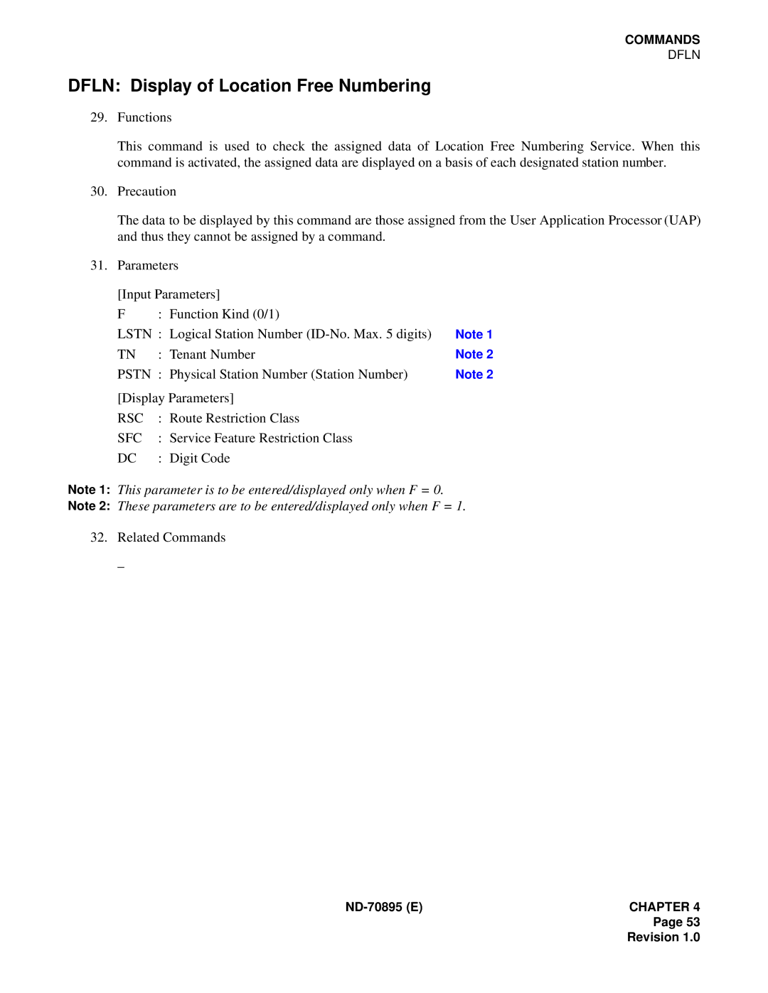 NEC ND-70895 (E) system manual Dfln Display of Location Free Numbering, Lstn, Pstn, Rsc, Sfc 