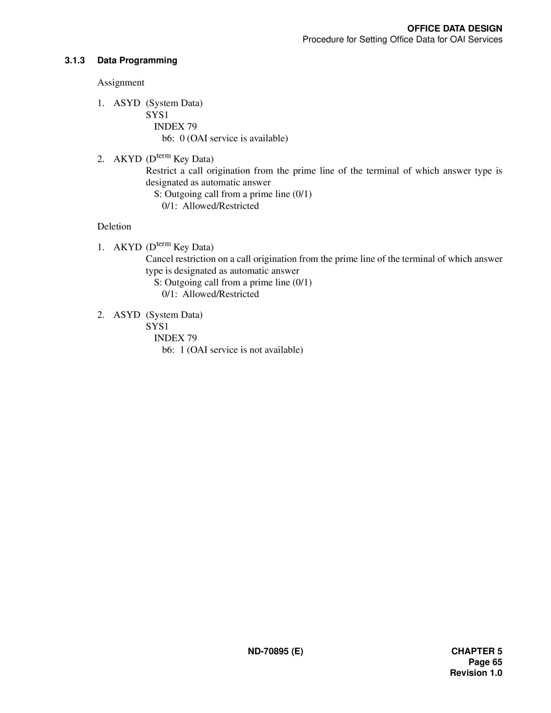 NEC ND-70895 (E) system manual Assignment Asyd System Data, SYS1 Index, B6 1 OAI service is not available 