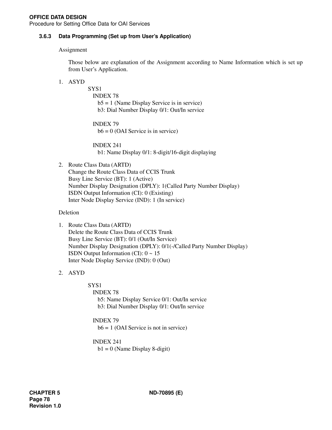 NEC ND-70895 (E) system manual Asyd SYS1 Index, B6 = 0 OAI Service is in service, B6 = 1 OAI Service is not in service 