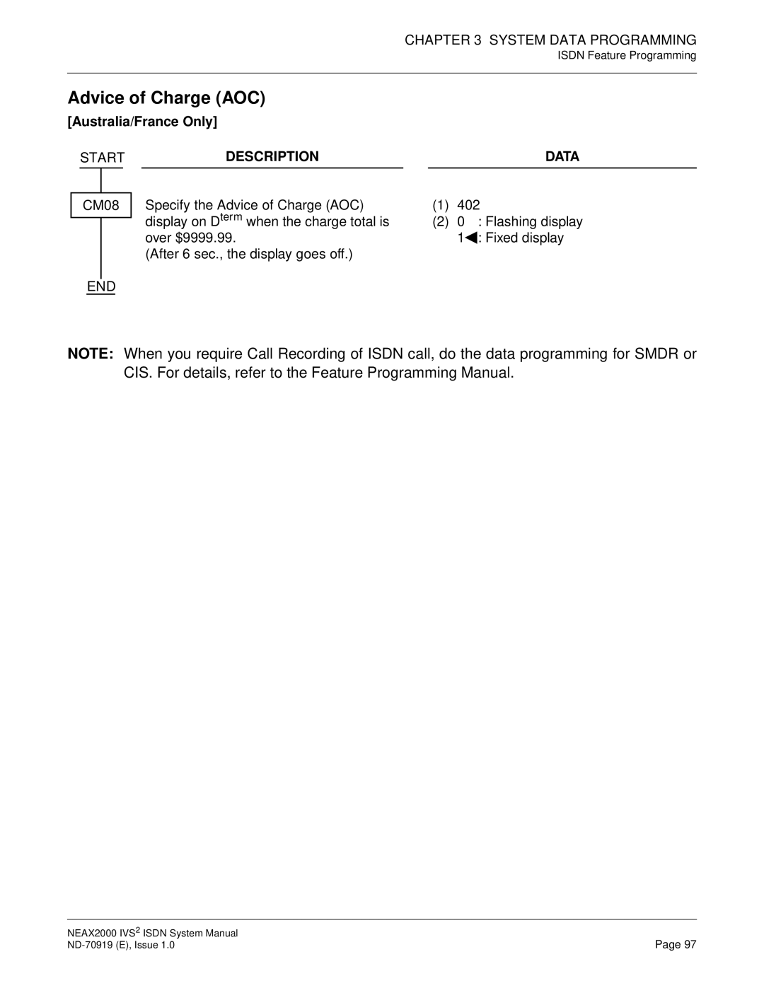 NEC ND-70919 system manual Advice of Charge AOC 