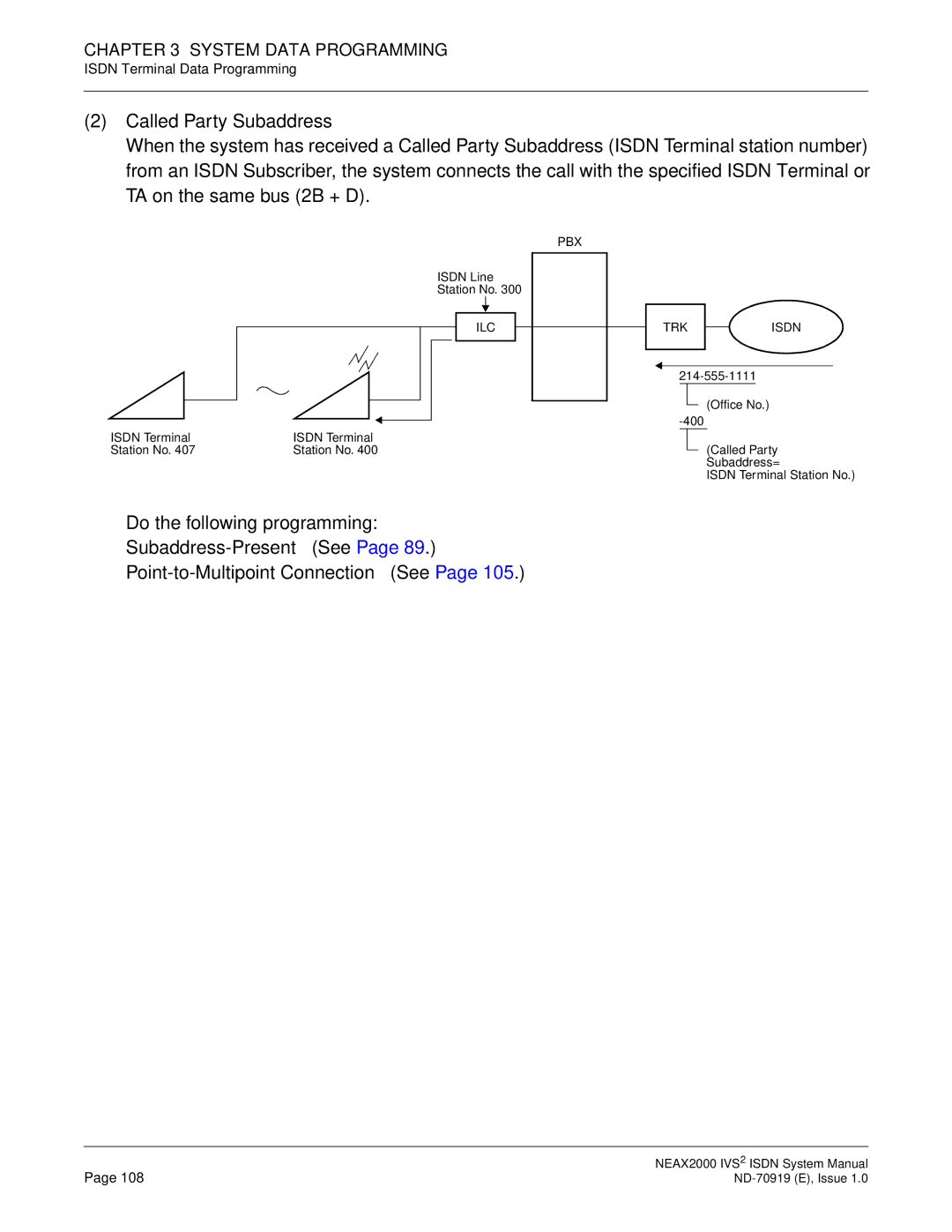 NEC ND-70919 system manual Office No Called Party Subaddress= Isdn Terminal Station No 