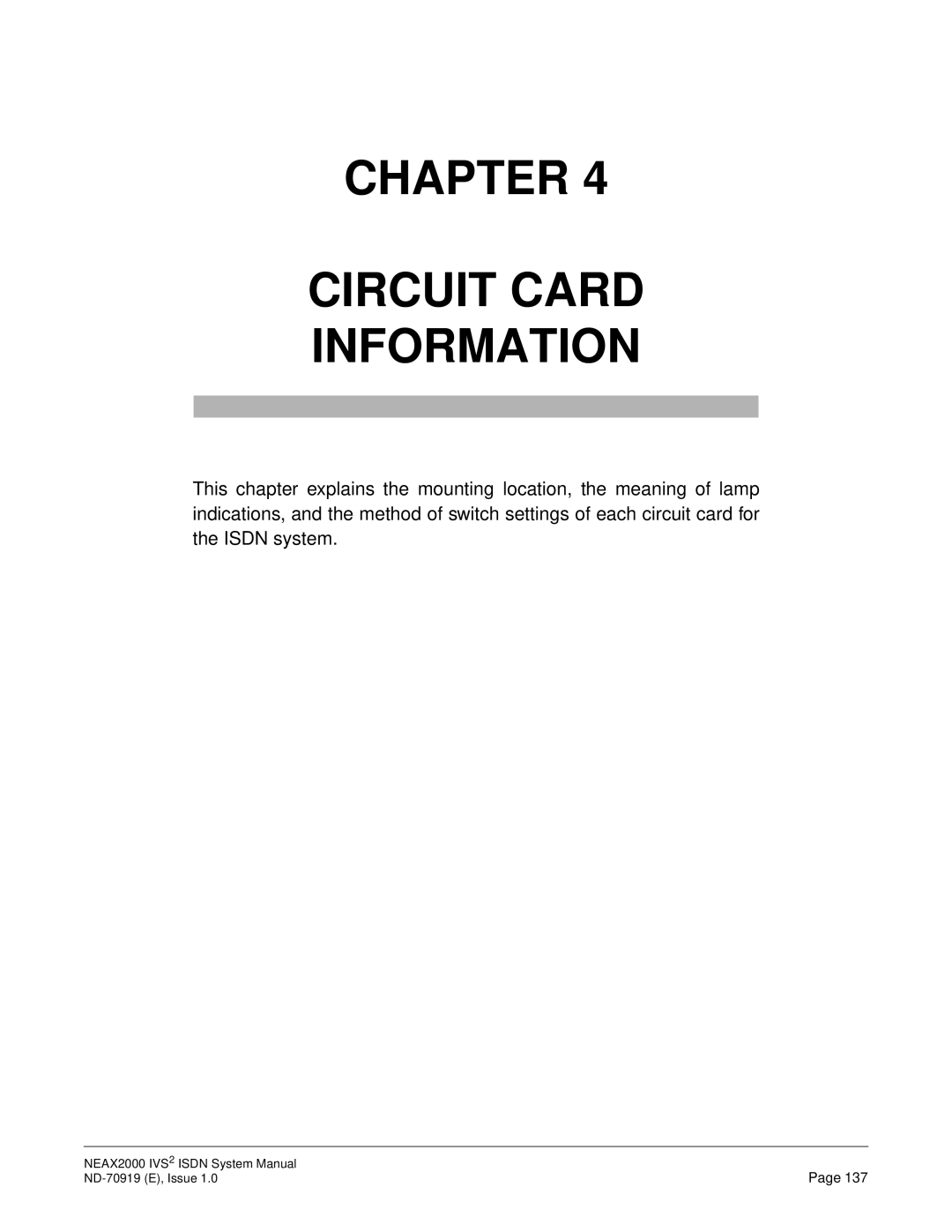 NEC ND-70919 system manual Chapter Circuit Card Information 